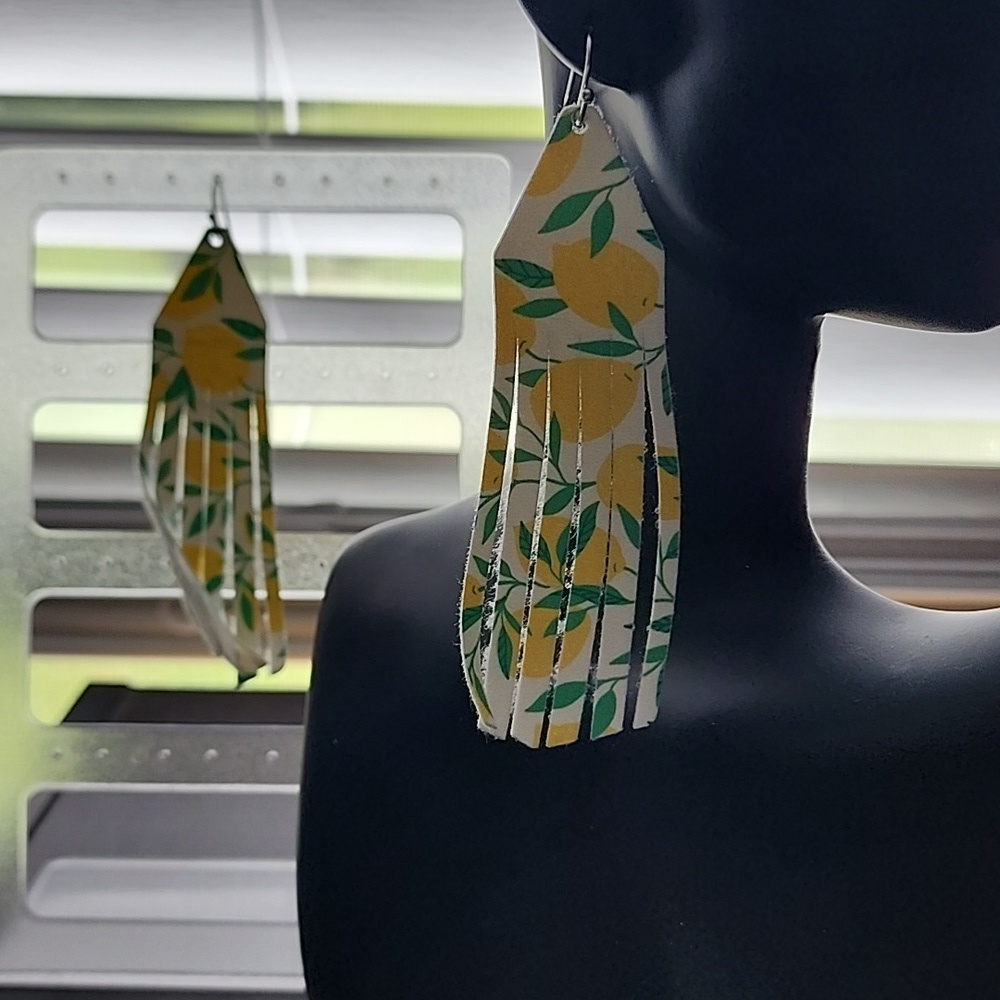 Handmade Lemon Print Fringe Earrings - Picture 5 of 5